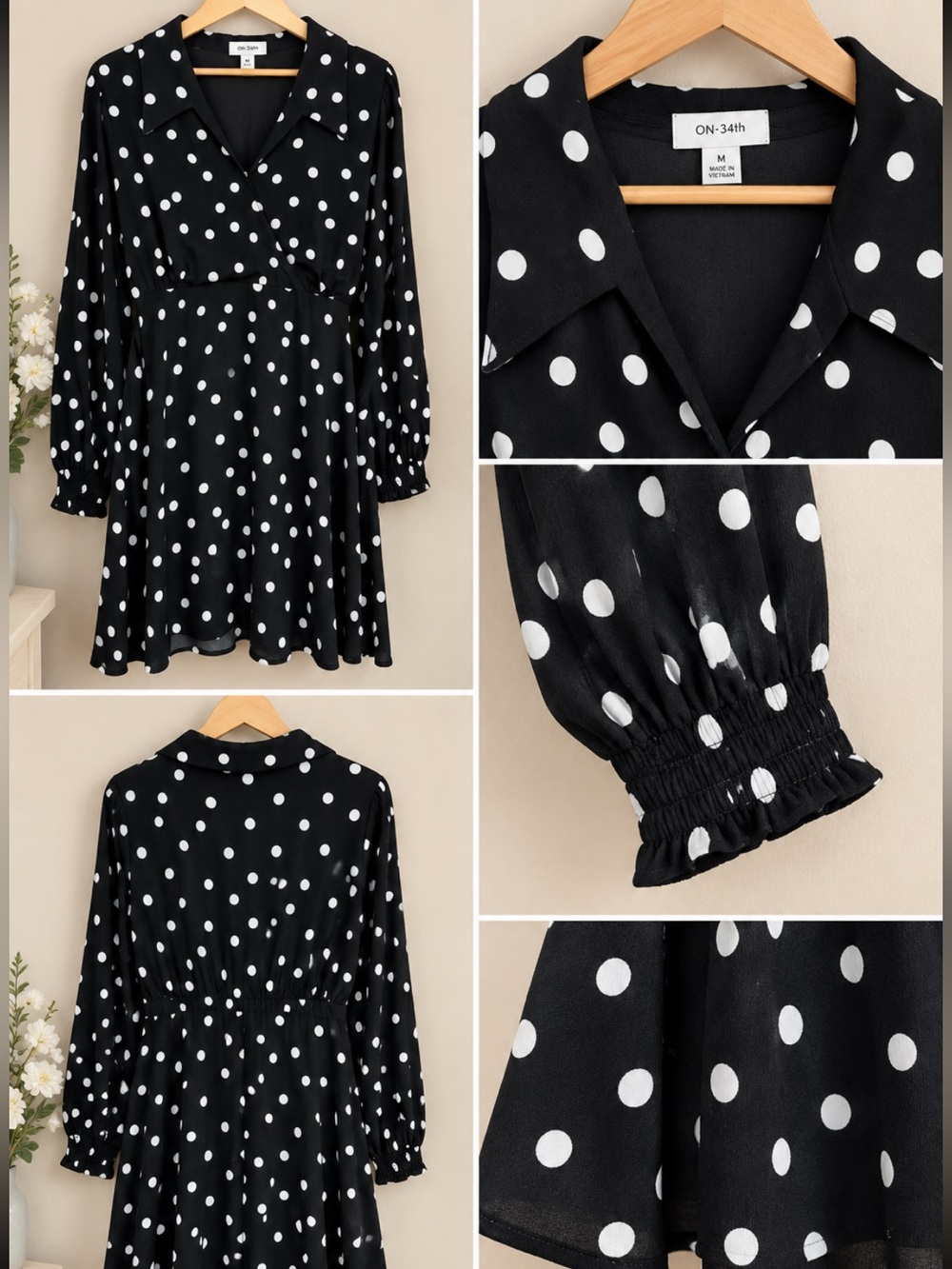 On 34th Black White Polka Dot Long Sleeve Fit & Flare Dress 16W
